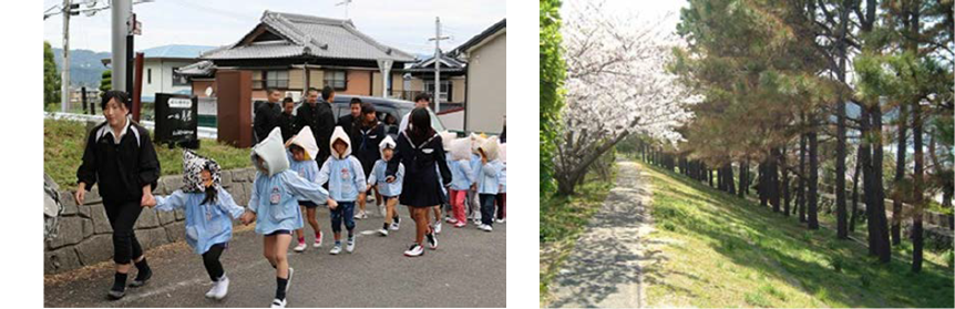 津浪祭避難訓練の様子と広村堤防の写真